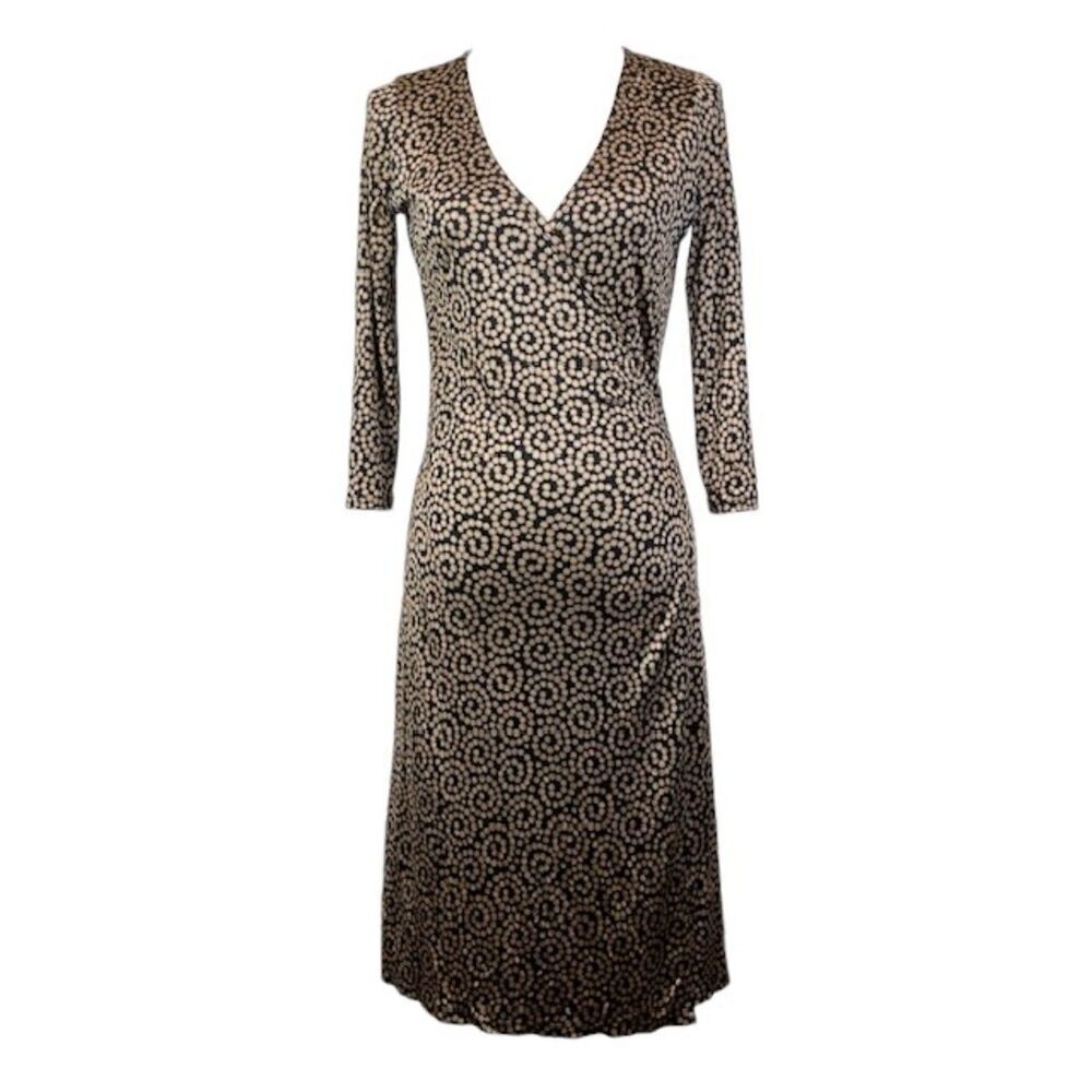 L.K. Bennett 100% Silk Wrap Dress Black with Gold Tan Abstract Print Size 8